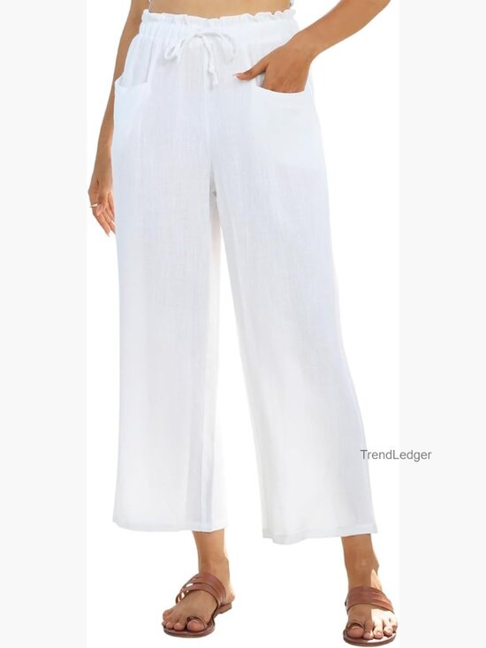 Pants - Wide Leg Linen Pants High Waist Palazzo Flowy Capri with Pockets